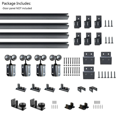 16Ft Exterior Double Sliding Barn Door Hardware Kit components, including steel box track, for outdoor use, supports 300 lbs
