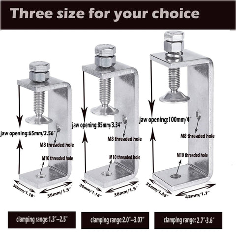 Three 304 stainless steel C-clamps for woodworking with wide jaws: 65mm, 85mm, 100mm openings (Amazon)
