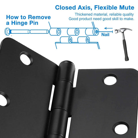 Close-up of 18 Pack Matte Black Door Hinges For Interior Doors Three Point Five Inch Hinges With Rounded Corners and installation diagram.