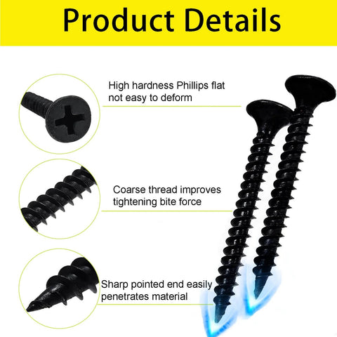Wood Screw Set With Phillips Flat Head Self Tapping Screws, Size 6, Deck And Cabinet Screws, black oxide coated, close-up view