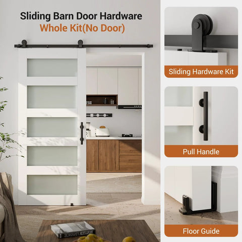 Interior with fitted 6 Ft Sliding Barn Door Hardware Kit With Heavy Duty Track System Spliced Rails Floor Guide 2 Rollers 2 Door Stops And 1 Door Handle Solid Steel With Black Powder Coat For Corrosion Resistant Longevity, showcasing sliding hardware, pull handle, and floor guide.