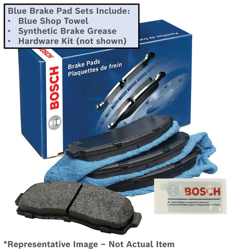 Front view of Bosch BE1564H blue ceramic rear brake pad set (two pads) with hardware and grease packet