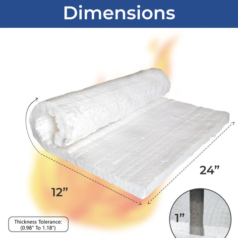 Ceramic fiber insulation blanket, 1 inch thick, 24 inch by 12 inch, fireproof for kilns and furnaces