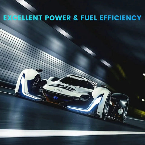 Futuristic white race car with aerodynamic design speeding through a tunnel, showcasing excellent power and fuel efficiency.