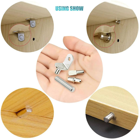 104 Pieces Shelf Pins Kit Four Styles Nickel Plated Shelf Support Pegs for shelves, cabinets, and closets in hand display