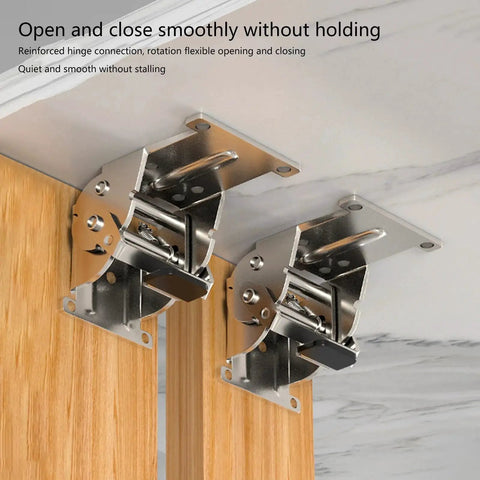 Industrial Locking Hinges 90 Degree Foldable Leg Brackets installed on wooden surface, made of rust resistant steel and aluminum.