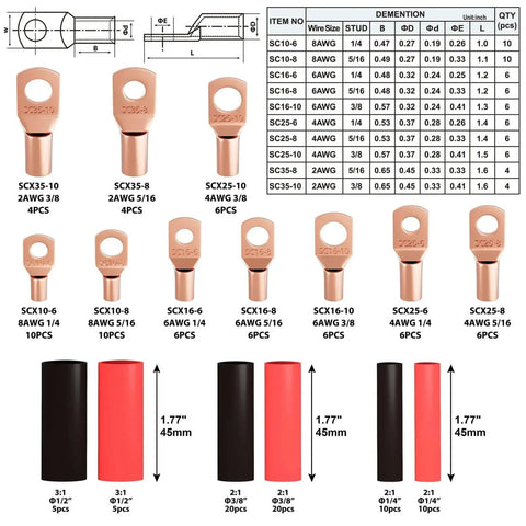 Diagram showing 64 ring terminals and 70 heat shrink tubes from No Fuss Battery Lug Crimping Tool For AWG 10 To 1 0 Wire Kit.