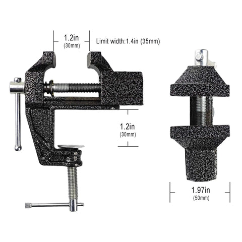 Front and side view of 2 In 1 Mini Bench Vise And Hook Sharpener For Diyers, Portable Jeweler Table Clamp with measurements.