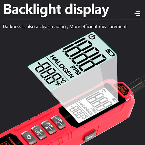 Ultra High Sensitivity Halogen Freon Leak Detector With UV Light Probe showing digital backlit display