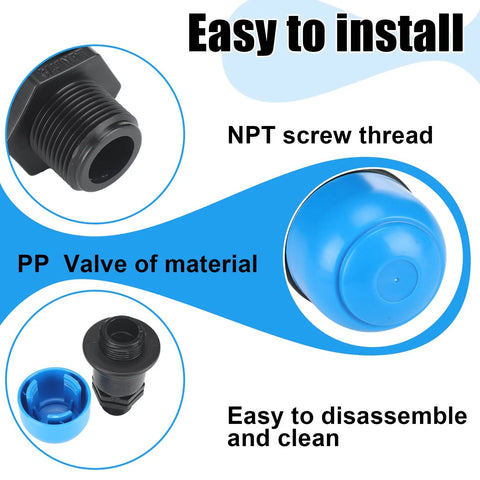 Threlaco 2-pack air release valves, 3/4 inch NPT male threads for irrigation drip systems; black bodies with blue caps.