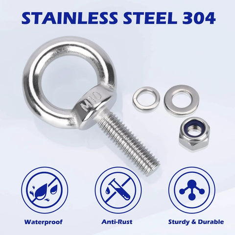 Set Of 8 M10 Eye Bolts With Nuts And Washers, 304 Stainless Steel Built Tough Heavy Duty Lifting Rings, Shoulder Style Eye Bolts
