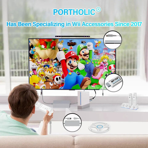 Gamer using 4 In 1 Wii Cable Set Bundle For Nintendo Wii with HDMI Converter on TV displaying Mario game