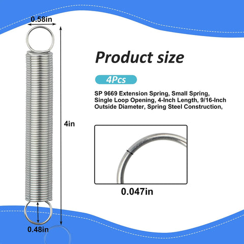 Extension spring, small, single loop ends, 4-inch length, 9/16-inch outer diameter, spring steel, 4-pack, Amazon brand