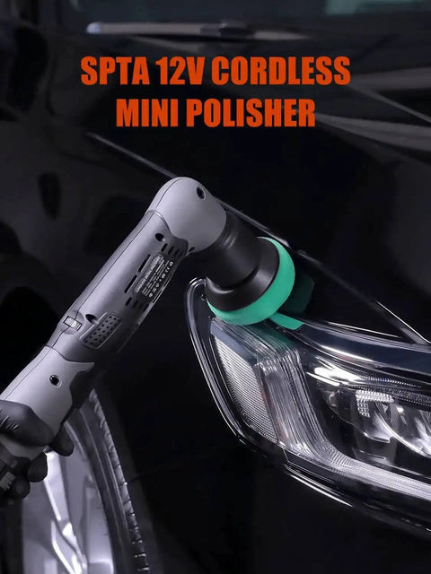 Cordless Mini Polisher 12V Multi Polisher in use on car headlight, with visible polishing pad, designed for auto detailing.