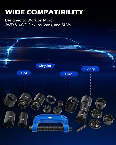 23Pc Ball Joint Press Kit With U Joint Removal Sockets And Heavy Duty Adapters displayed with vehicle compatibility chart.