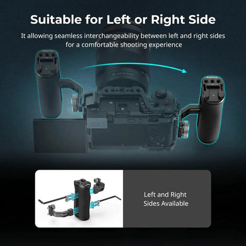 Ergonomic Mini Side Handle For Camera Cages With One Quarter Twenty Screws Grab And Go Adjustable Up And Down Left Or Right Hand Use Built In Cold Shoe And Threaded Hole Balances Weight And Eases Wrist Strain Model 4756, showing both left and right side use on camera.