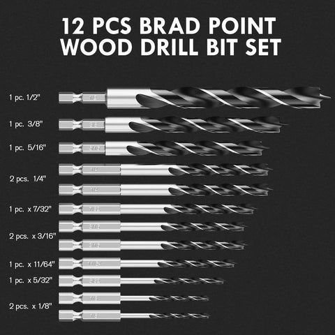 Brad Point Wood Drill Bit Set 12 Pc Hex Shank With Double Flute For Precise Starting And Clean Holes In Carpenter Woodworking
