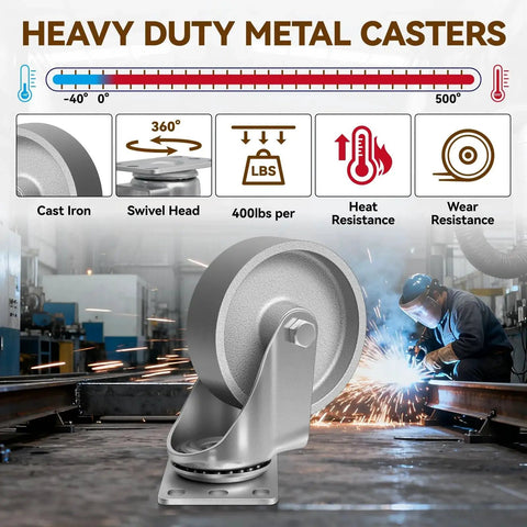 4 Inch Heavy Duty Cast Iron Caster Wheels Set Of 4 With 1600 Lb Load Capacity for industrial use in a workshop setting