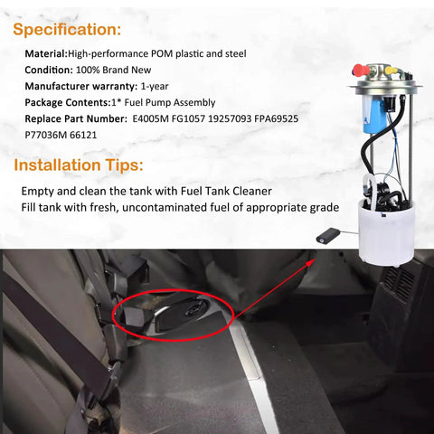 Chevy Silverado 1500 And GMC Sierra 1500 Fuel Pump Assembly With Sending Unit for 2010-2013 V8 models, shown next to installation tips.