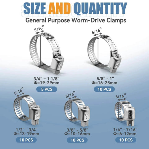 45 Piece Stainless Steel Hose Clamp Kit With Worm Gear Adjustable From 1/4 To 1-1/8 Inches (6-29 Mm) For Plumbing Automotive