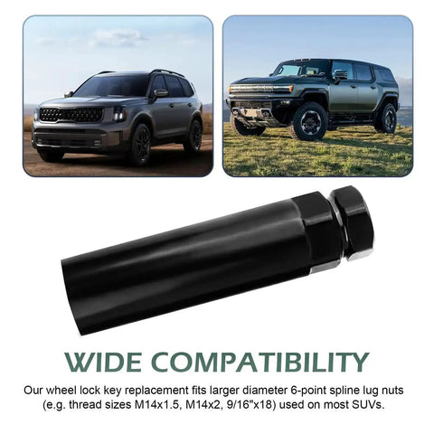 Beefy 1 Piece 6 Spline Lug Nut Socket Locking Key For Wheel Locks, against SUVs, heavy duty chrome steel, 90mm long, black.