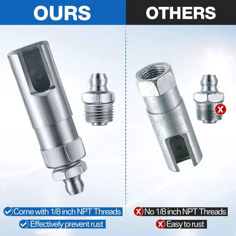 Comparison of Saillong Push On Slotted Right Angle Grease Gun Coupler With One Eighth Inch NPT Threads versus a competitor.