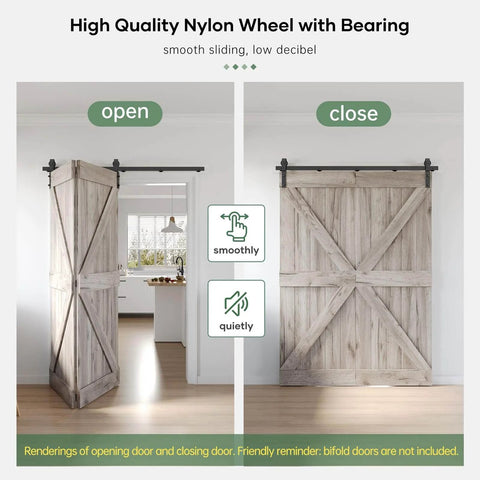 64 Inch Bifold Sliding Barn Door Hardware Track Kit With Side Mounted Black J Shape Rollers For Ultra Quiet Smooth Glide Easy Assembly Fits Double 30 Inch Bi Folding Doors Door Not Included installed view