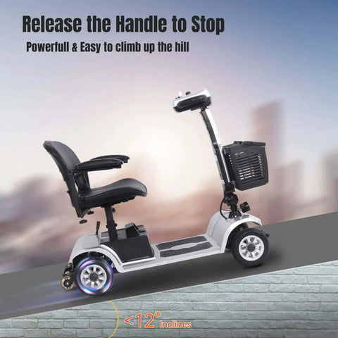 Side view of Four Wheel Electric Mobility Scooter For Travel And Everyday Errands With 419 Pound Capacity Foldable Design Rotating 360 Degree Seat