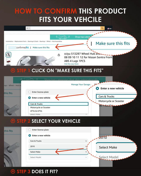 Guide on confirming if the product fits your vehicle, featuring steps to check fitment online by entering vehicle details.