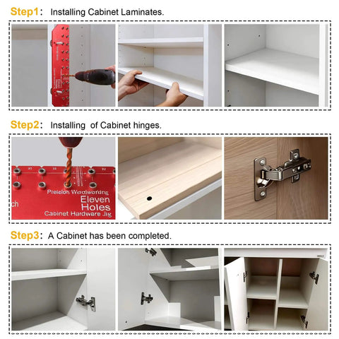 11 Hole Shelf Pin Jig With Self Clamping Hinge Drill Guide used in cabinet construction with adjustable drilling and hinge installation.