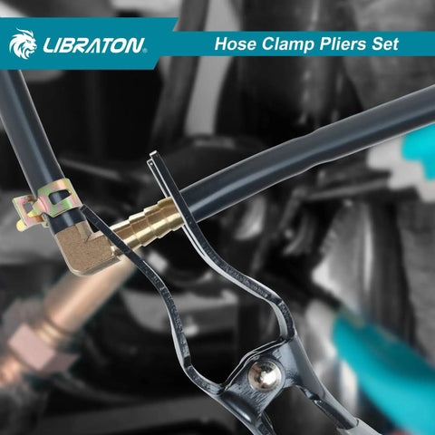 2 Piece Hose Clamp Pliers Set With Swivel Pliers For Removal And Installation, close-up on a hose removal in progress