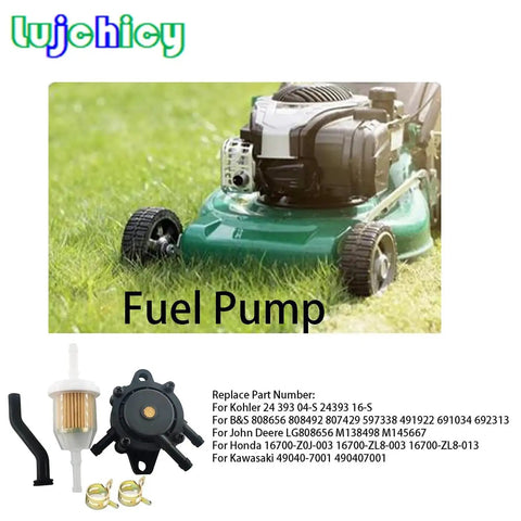 Fuel Pump For Briggs Stratton Honda Kohler Yamaha Small Engine Lawn Mower Tractor With Vacuum Hose And Fuel Filter Includes AM116304 For Broad Compatibility 17HP To 25HP shown with lawn mower background and fuel pump components.