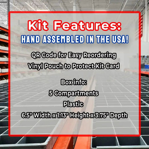 Warehouse shelving with Kit Features text highlighting assembly in USA, QR code for reordering, vinyl pouch, 5 compartments
