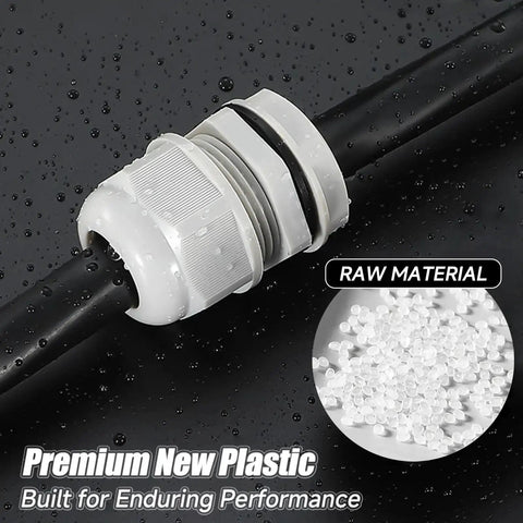 One-Stop Waterproof Cable Gland Kit, 50 Pcs, 3-16mm Adjustable Plastic Glands For Electrical Wiring, showing waterproof design in use.