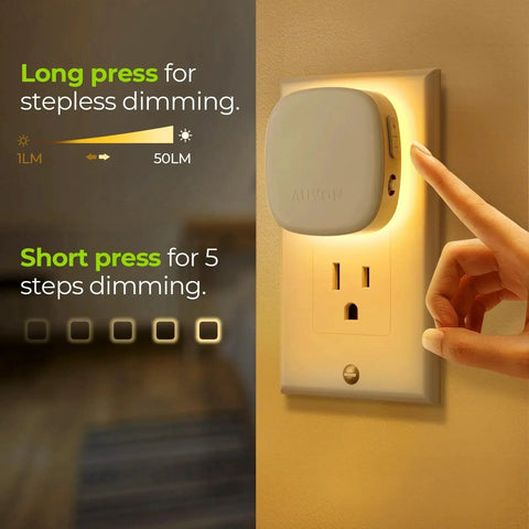 Plug In Led Backlit Night Light With Motion Sensor Dusk To Dawn 1 To 50 Lm 4Pack showing dimming options, plugged in a wall outlet