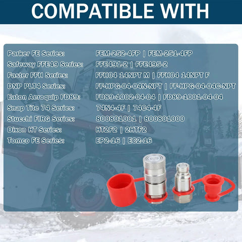 1/4 in skid-steer flat-face hydraulic quick-connect couplers with red dust covers; two metal fittings, compatible with Parker FE, Safeway FFE49, FFH series