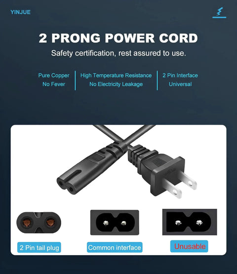 Close-up of 6 Ft Universal 2 Prong AC Power Cord For TVs, Printers And Laptops, showing the C7 and NEMA 1-15P plug connectors.