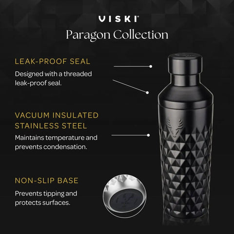 Paragon Vacuum Insulated Cocktail Shaker With Built In Strainer, Double Walled Stainless Steel, non-slip base, 23 oz capacity