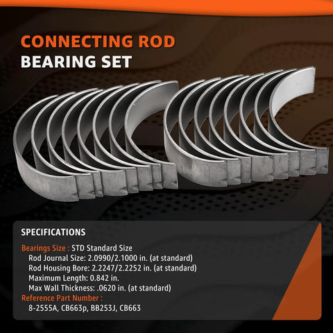 Beefed-Up Main And Rod Bearings Kit For Small Block Chevy V8 1968 To 2002 5.0L 5.7L Fits 302 305 327 350 Engines With 2.450 Inch Journal Standard Size Replacement For Car And Truck showing connecting rod bearing set