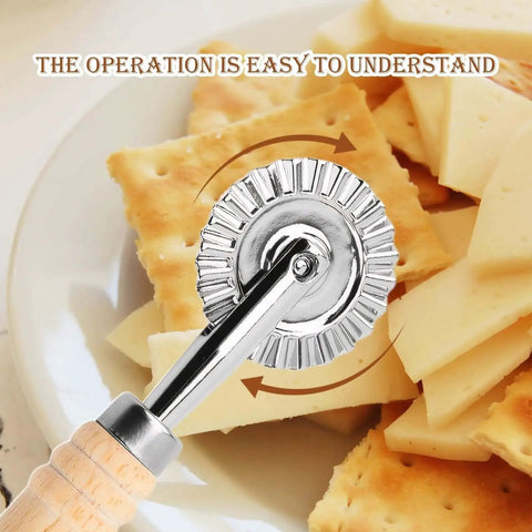 Fluted Pastry Wheel Cutter For Homemade Pasta And Ravioli, Durable Dough Cutter With Perforated Wooden Handle over cheese slices