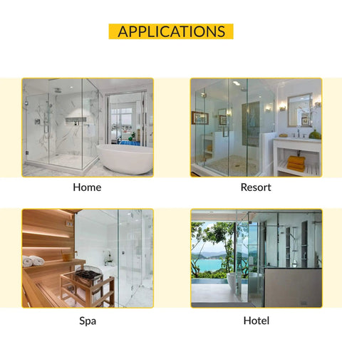Four images showing applications of shower enclosures in home, resort, spa, and hotel settings with frameless glass design.