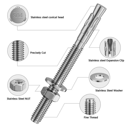 10 Pack 1/4 By 1-3/4 Inch Heavy Duty 304 Stainless Steel Wedge Anchors For Concrete And Cement, Rust Resistant Fasteners with Nut and Washer