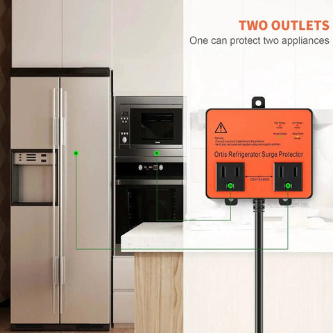 Beefed Up Refrigerator Surge Protector With Double Outlet Voltage Guard And Time Delay For Home Appliances in kitchen setup