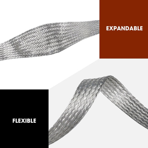 Tinned copper braided shielding sleeve for cables, 5/16 in wide, 0.20 in dia, 28 ft long, flexible flat mesh.