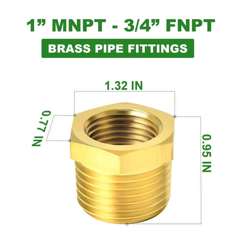 Brass Reducer Hex Bushing Pipe Fitting One Inch NPT Male To Three Quarter Inch NPT Female Adapter with dimensions