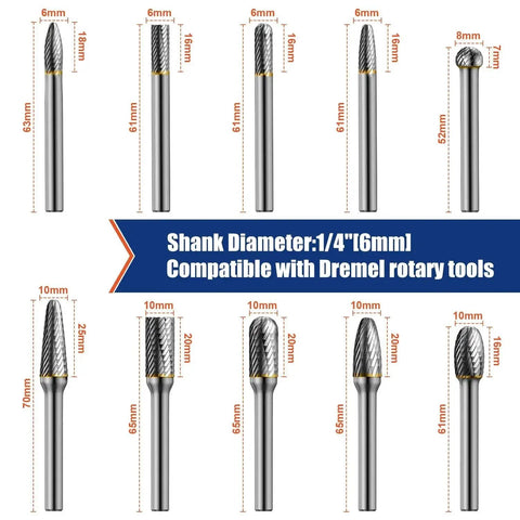 10 Piece Tungsten Carbide Die Grinder Burr Set With One Quarter Inch Shank for metal, wood, stone cutting and engraving