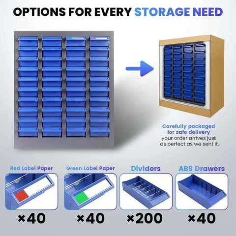 40-drawer bolt bin organizer cabinet with ABS drawers, heavy-duty metal storage cabinet for nuts, bolts, screws, garage use.
