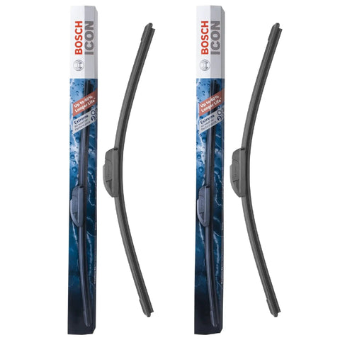 Icon Beam Wiper Blades Pair For Driver And Passenger Side 22A 22B packaged in blue boxes, showing the blades' curve and hook adapters.