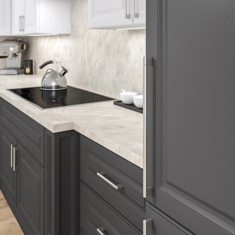 Modern kitchen with Avellino Collection Brushed Nickel Cabinet Handle Sixteen And Three Eighths Inches Center To Center Bar Pull