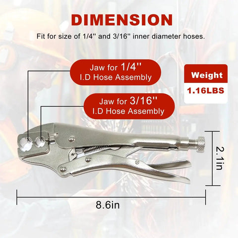 Side view of crimper tool for Oxygen and Acetylene Torch Hose Repair Kit 1/4 Inch ID Crimper B Size Fittings, dimensions labeled.